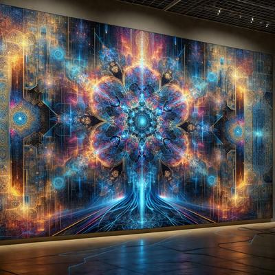 The primary subject of the image is a large, colorful, and intricate artwork displayed on a wall. The setting is a room with a white wall, and the visual style appears to be a combination of digital art and illustration. The artwork features a vibrant color palette and a complex design, creating a captivating and visually striking scene.